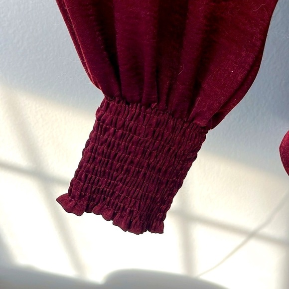 Misa LA Donata Satin Blouse M Maroon Smocked Cuffs Ruffle Shoulders/Pockets Top - Picture 10 of 14
